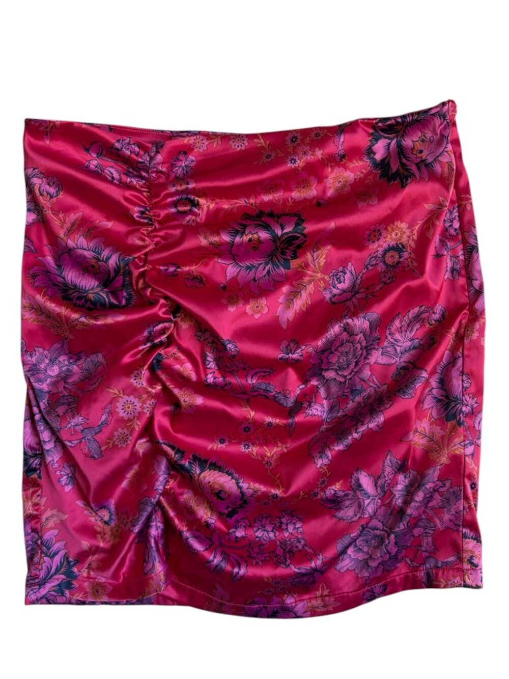 Free People Floral Satin Slip Skirt with Ruching (Red & Pink) - 8